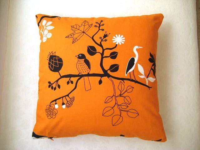 Eco-Friendly - Cotton Orange Pillow Cover with Black and White Birds and Tree Print - 18x18" - Gift for Her, for Mom - MyDreamHome
