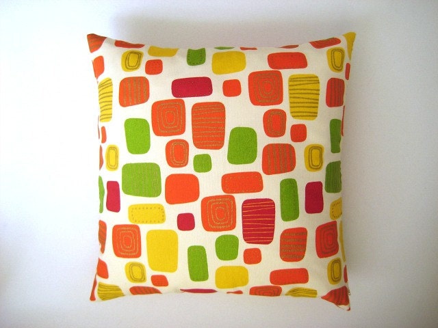 Geometrical Print Pillow Cover - Cream Linen with Green Pink Orange and Yellow Geometric Print on it - 18x18" - Gift for Mom - Ready to Ship - MyDreamHome