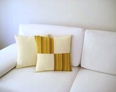 Patchwork Pillow Cover - Yellow, Green and Cream Linen Fabric - 18x18" - Gift for Her, for Mom - Ready to Ship Decor