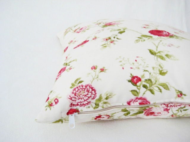 Shabby Chic Home - Linen Cream Pillow Covers with Green, Red and Pink Floral Print - 18x18" - Gift for Her, for Mom