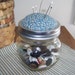 Primitive Pint-Sized Mason Jar Pincushion/Storage Jar with Blue Fabric