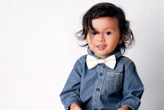 Boys Bow Tie in White with Cream Polka Dots