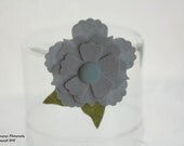 100% Wool Felt Flower Hair Clip-Light Gray with Green Leaves- Corduroy Brad