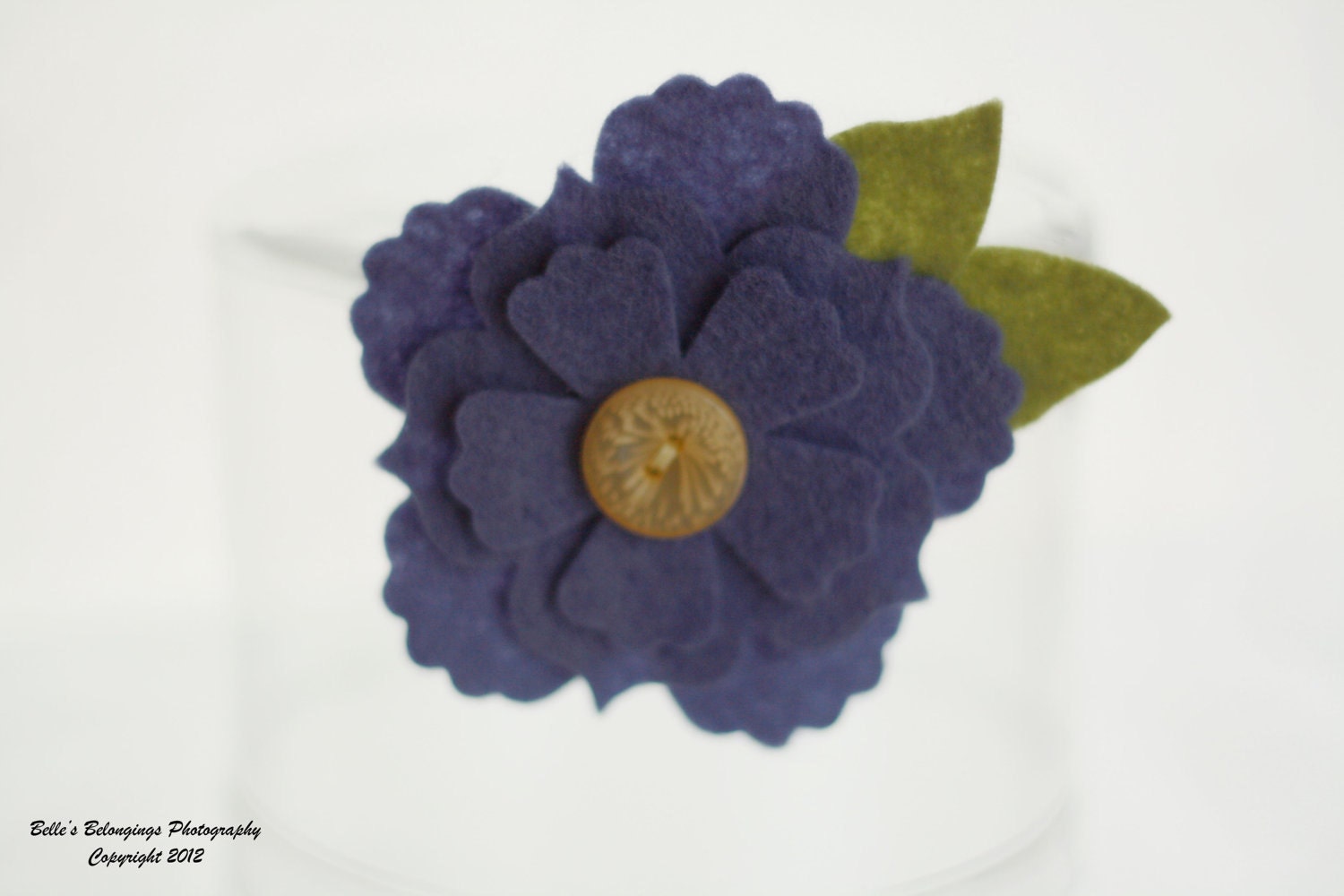 100% Wool Felt Flower Hair Clip-Purple Flower with Green Leaves- Yellow Button Center