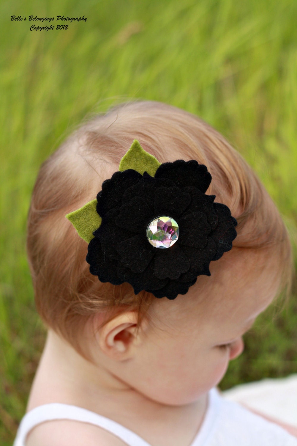 100% Wool Felt Flower Hair Clip-Black Flower with Green Leaves- Jewel Center