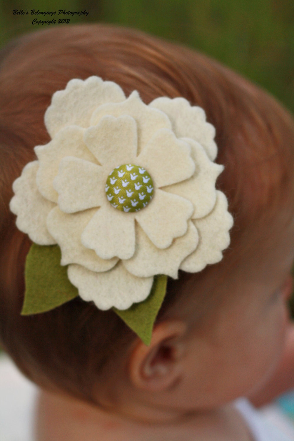 100% Wool Felt Flower Hair Clip-Cream Flower with Green Leaves-Fabric Covered Brad