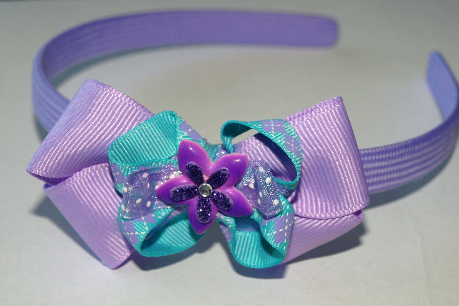 Lavender and teal child's headband with bow