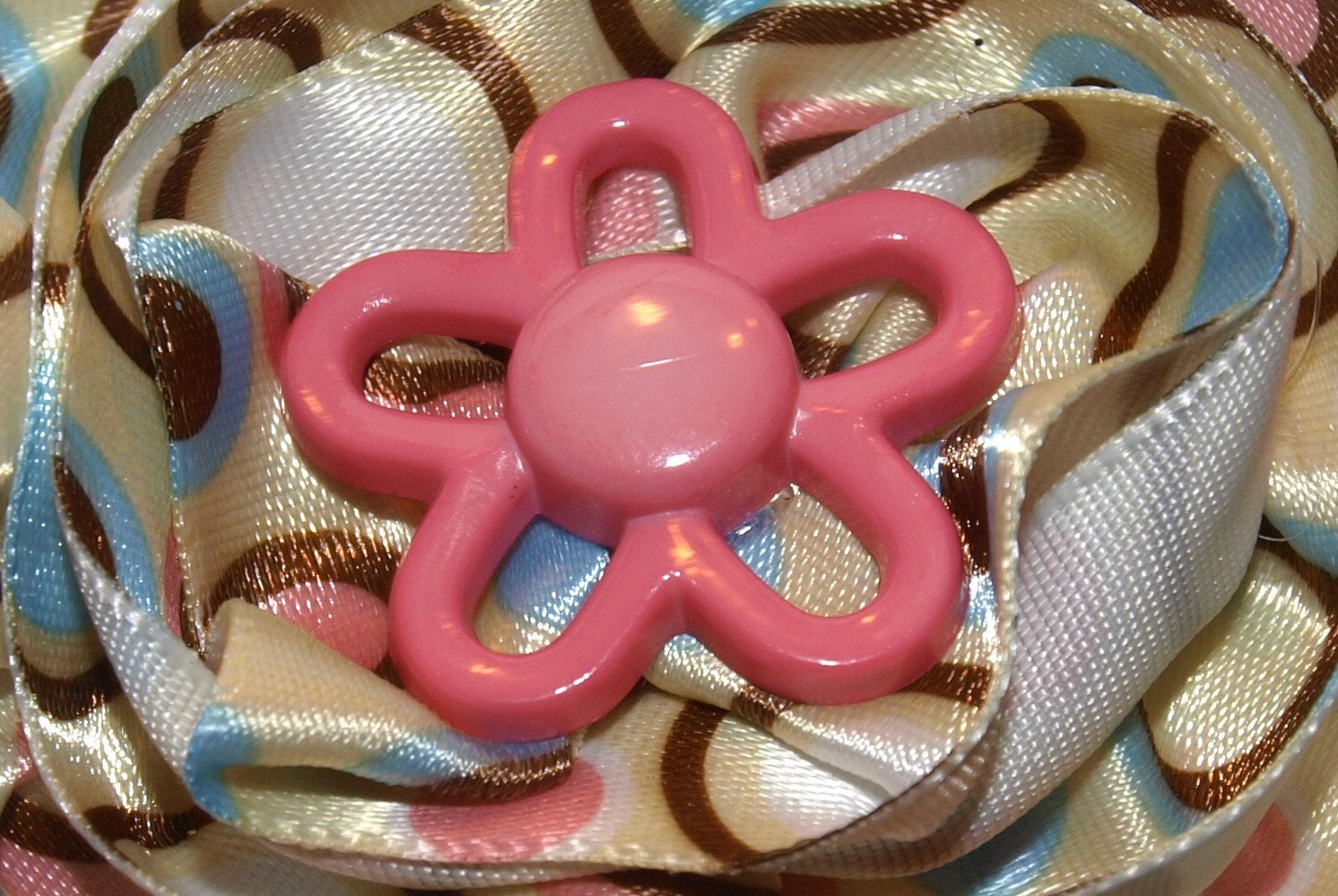 yellow, pink, and blue polka dot circle bow with flower, hairclip