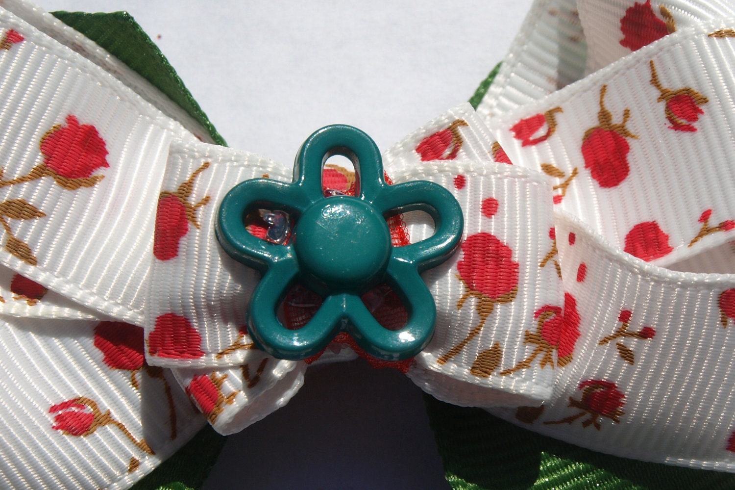 red and green rose hair bow- flower bow- summer hair clip