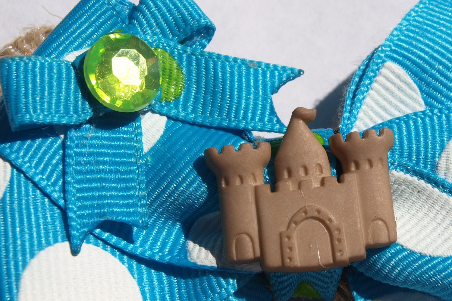 bright blue and burlap sandcastle hairbow- summer hair bows- girls accessories