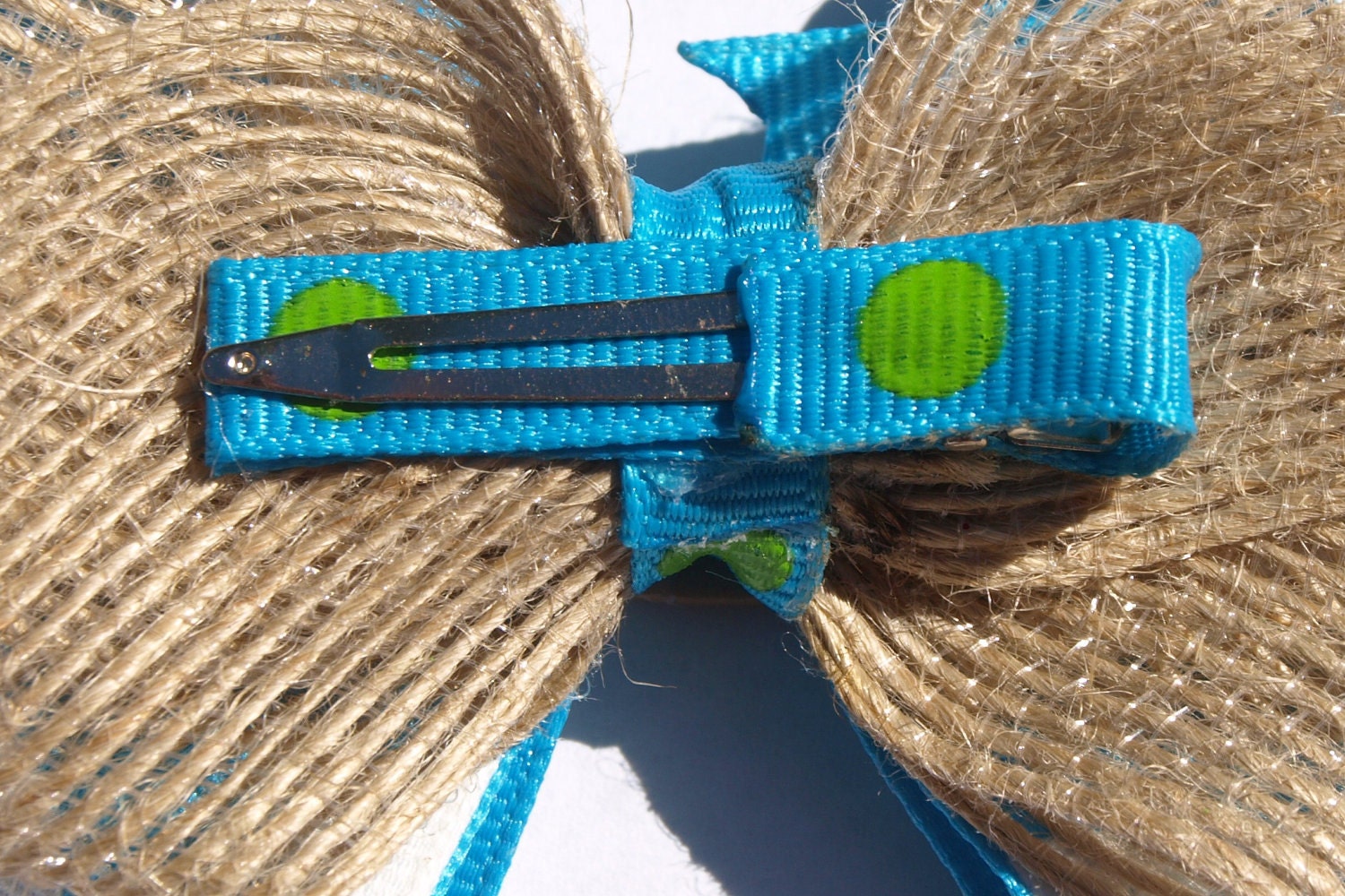 bright blue and burlap sandcastle hairbow- summer hair bows- girls accessories