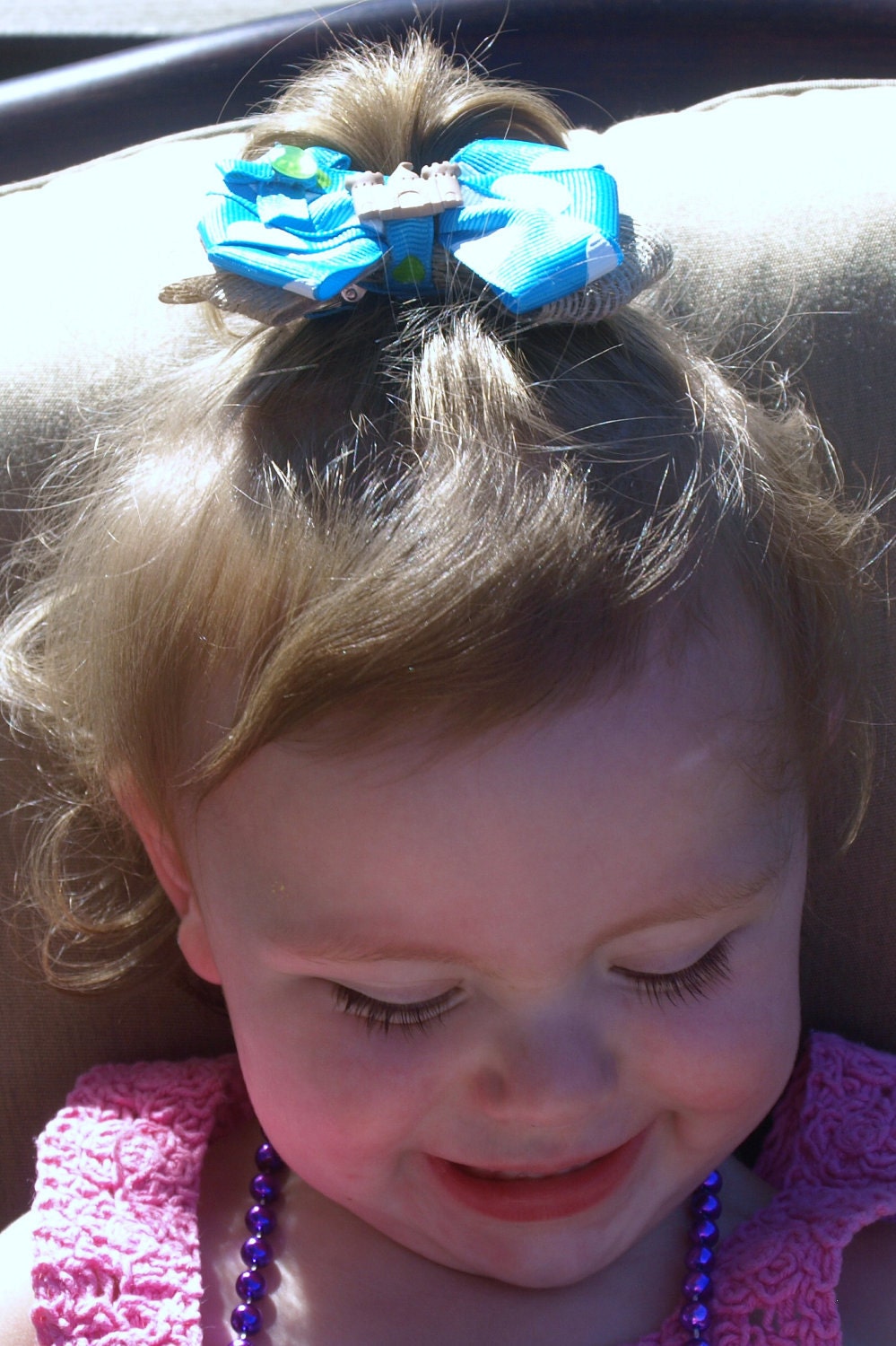 bright blue and burlap sandcastle hairbow- summer hair bows- girls accessories