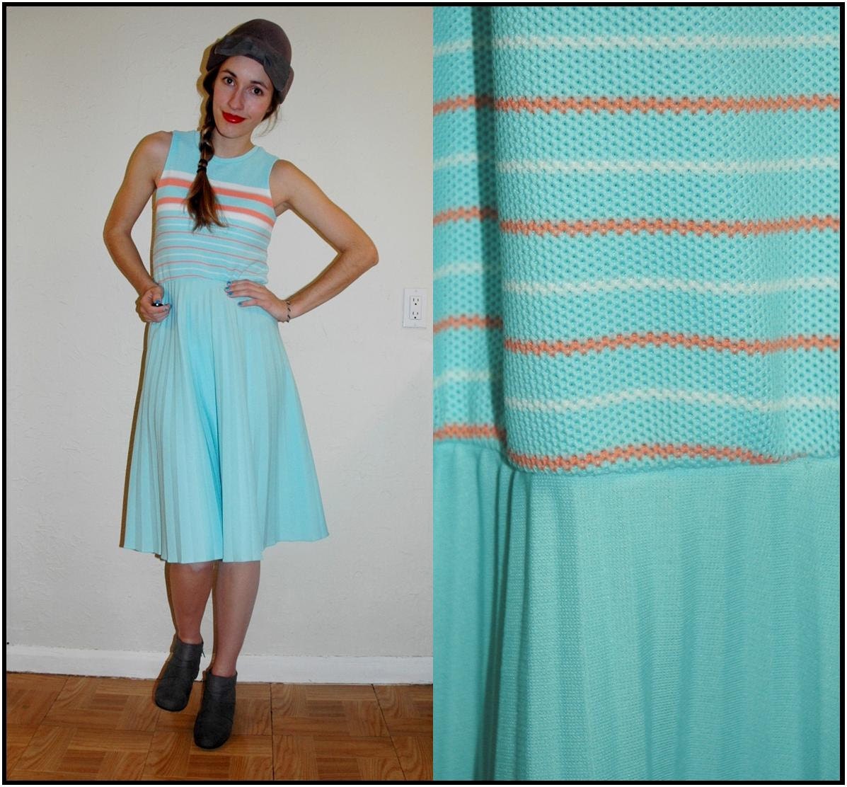 S A L E vintage 60s AQUA MARINE CORAL Striped Pleated Summer Dress