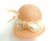 Peach Summer Straw Cloche Hat With Natural Trim Bow and Tan Stripped Coque Feathers