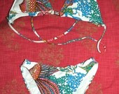upcycled swimsuit bikini white with exotic print fabric size 10 UK 6 USA B - C cup bra