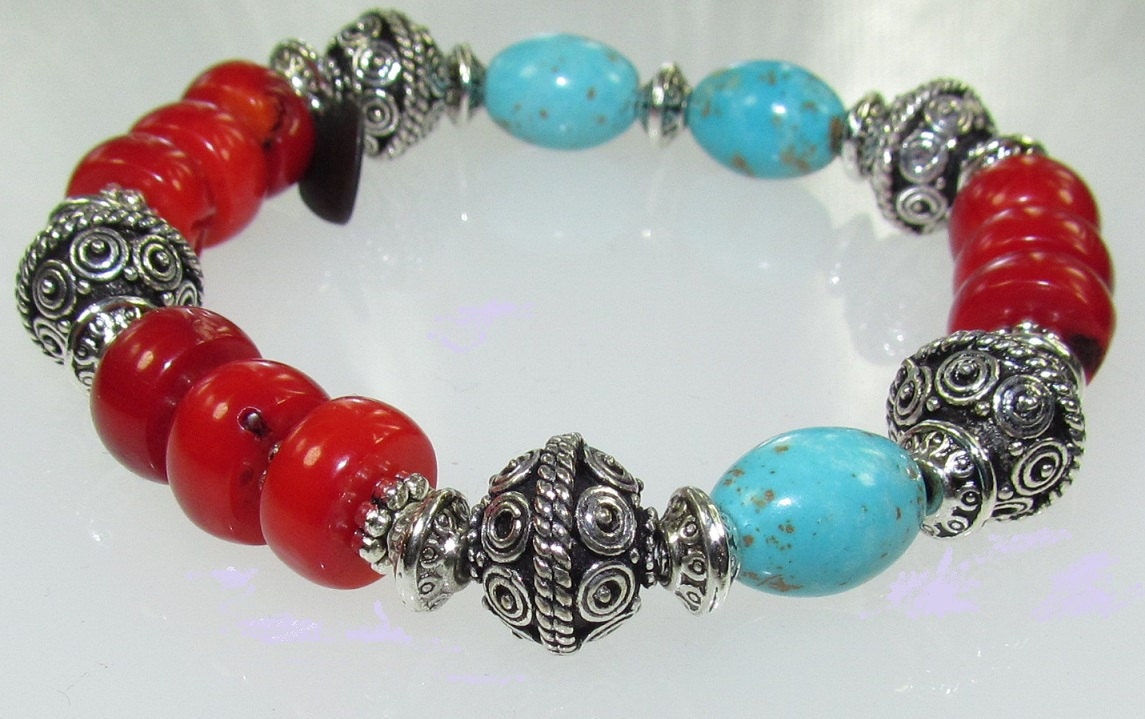 Red Bamboo Coral, Blue Magnesite with  Antique Silver Plated Accent beads, Silver plated saucer beads Stretch Bracelet