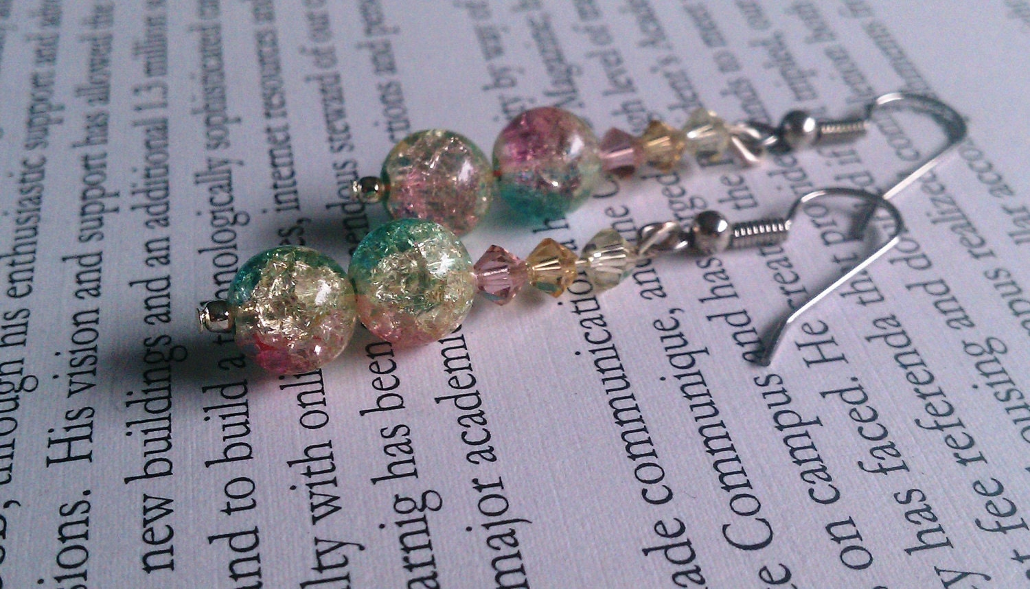 Vintage teal and pink Czech glass bead with yellow swarovski earrings