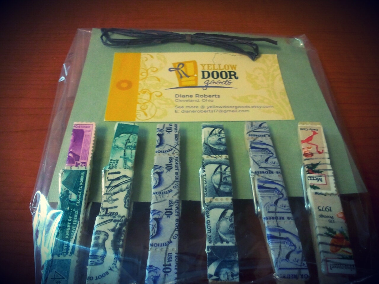 Set of 6 Clothespin Placecard Holders-Vintage Stamps