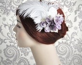 Feather Fascinator, Purple, Violet Wedding fascinator with ostrich feather and purple flowers, Feather Headpiece, Feather Bridal Headband