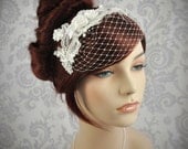 Birdcage Veil - Detachable, Headband Veil with french netting lace and silk rosettes - ivory, white, silver, champagne