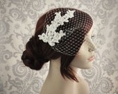 Birdcage Veil - Lace Birdcage Veil - Bandeau Veil, Bird cage Veil with beaded lace, Ivory ready to ship