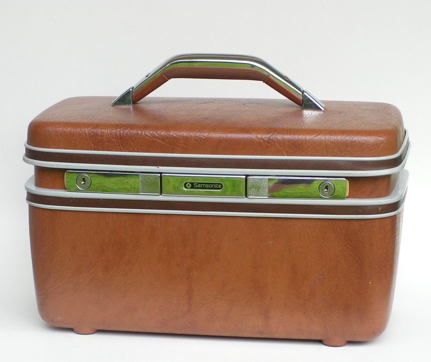 SAMSONITE - Brown Tan Walnut Overnight Train Case Natural Earthy Color - Tilting Mirror - Removable Tray - Old Vintage Hard Case