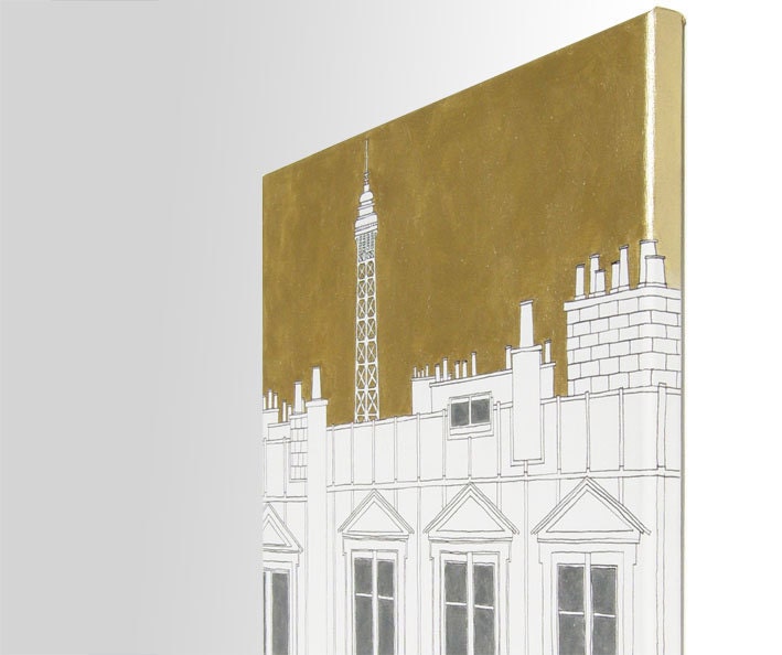 Paris rooftops - Original acrylic painting - Paris painting, Ready to hang,Art,Eiffel tower,Silver,Gold,White,Paris decor,French fine art