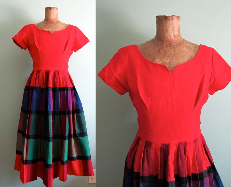 1950s dress/ sweetheart bust dress/ vintage 50s red dress S