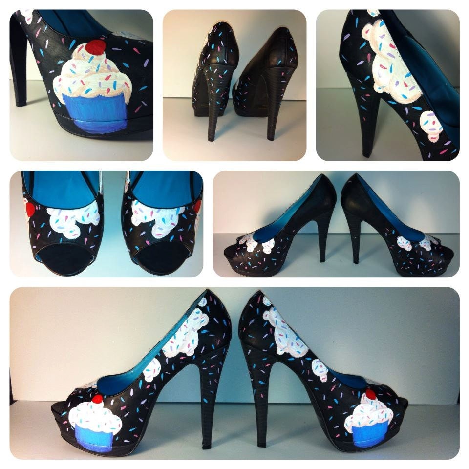 hand painted black, white, and blue cupcake stiletto size 9 with sprinkles
