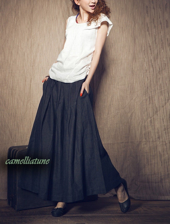 Long Linen Skirt / Navy Blue Ruffle Skirt/ Pleated Maxi Skirt (Custom Made)