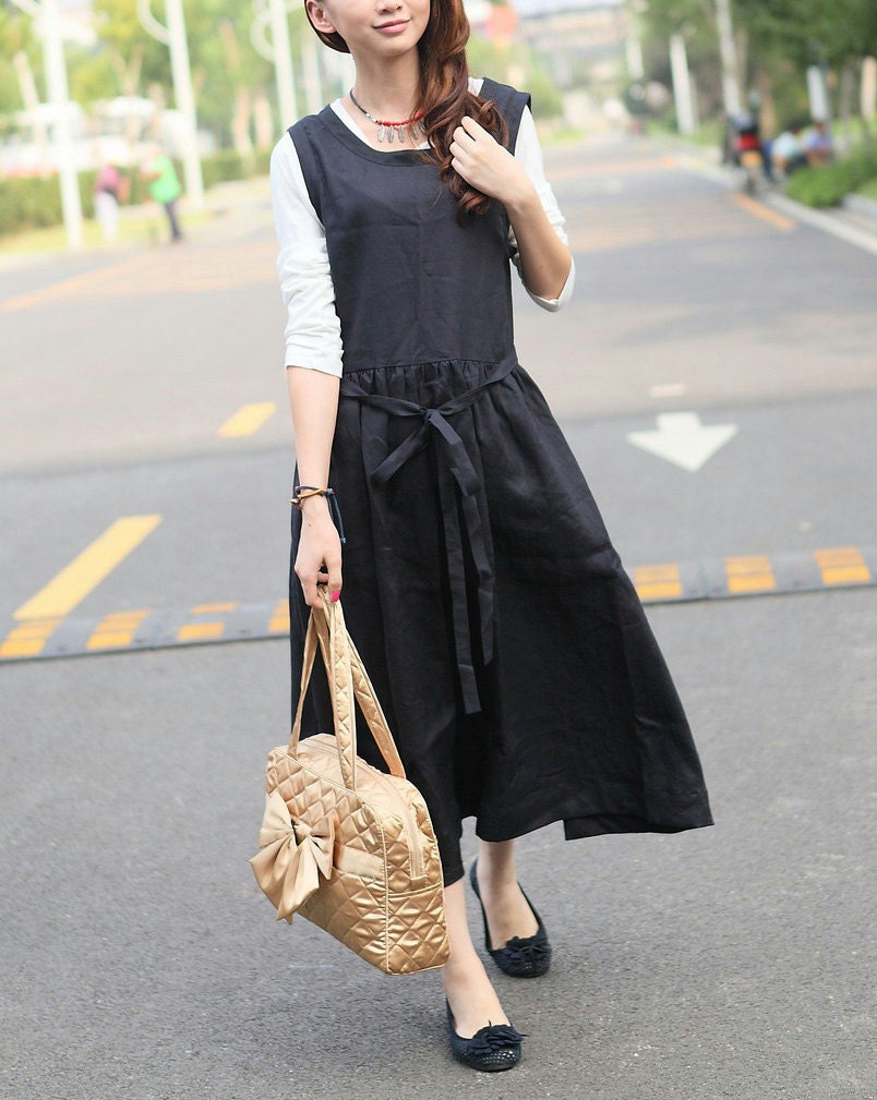 Black Linen Dress Gown/ Long Sundress - Custom Made