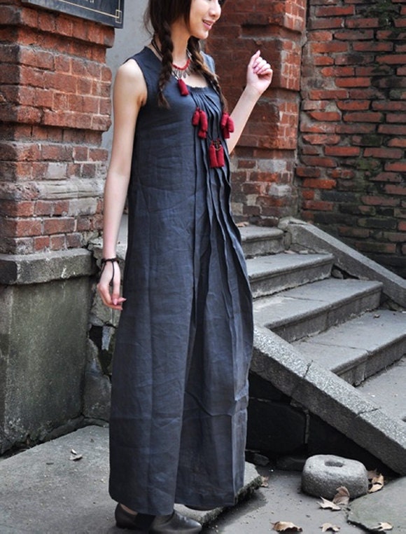 Linen Blue Summer Dress / Long Pleated Maxi Dress Gown - Custom Made