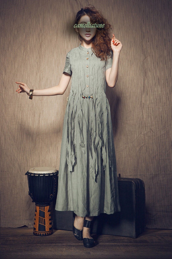 Maxi Linen Dress with pleated tassels / Long linen Dress Gown in celadon