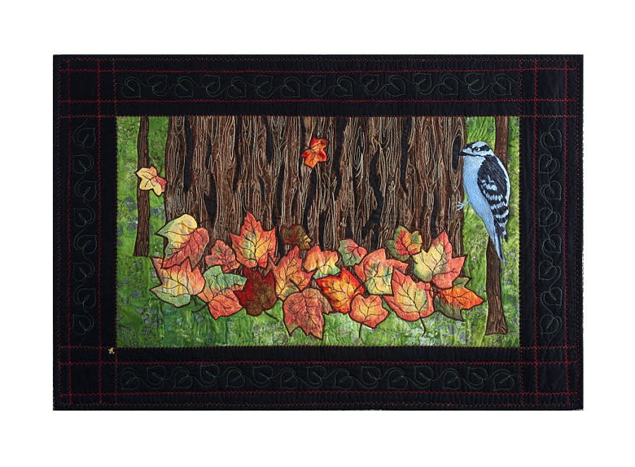 Quilted Fall Wall Hanging, Fiber Art Quilt, Leaves