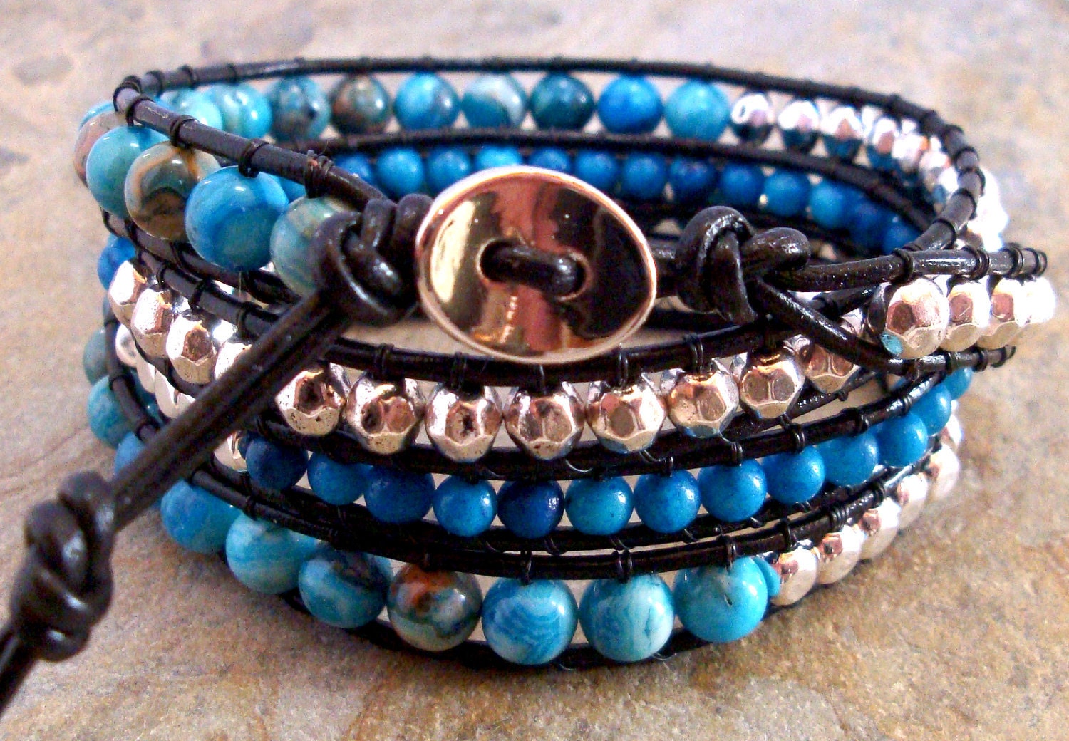Crazy Blue Agate & Silver/Silver-plate Leather 4-Wrap Bracelet
