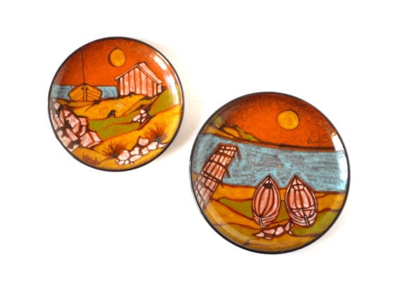 Vintage wall plates Mid Century Modern Italian pottery orange tangerine 60s wall decor set maiolica beach