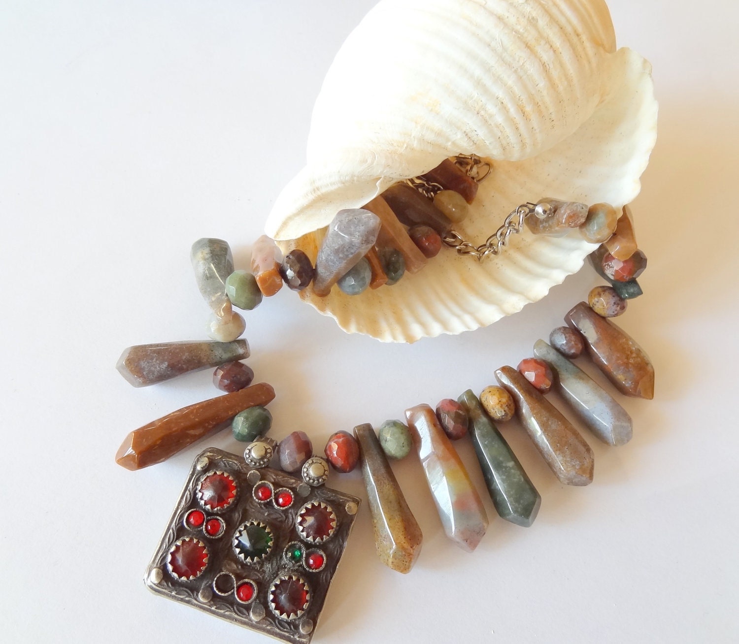Vintage Afghan Silver Pendant Agate Necklace-Feminine, Handmade, OOAK, Christmas,