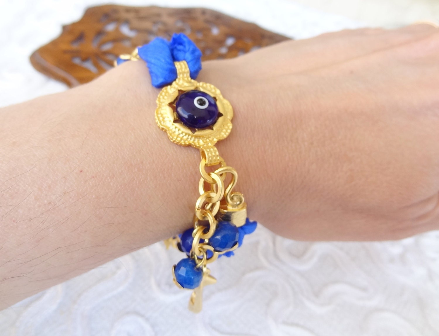 Reserve Turkish Silk Night Blue Bracelet -Luck Eye Bead Bracelet-Gold Bracelet