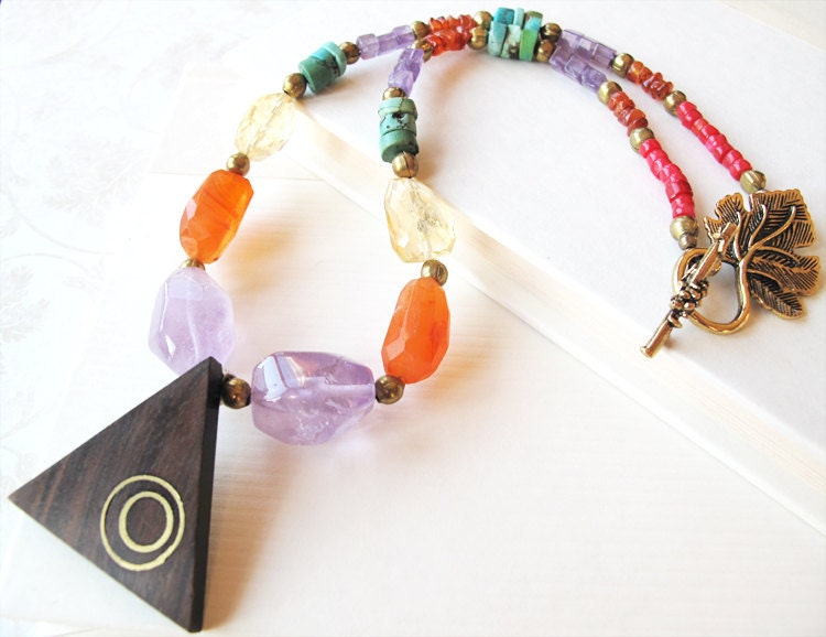 Ebony wood & gemstone nuggets statement necklace. Geometric triangle pendant. Amethyst. Carnelian. Citrine.