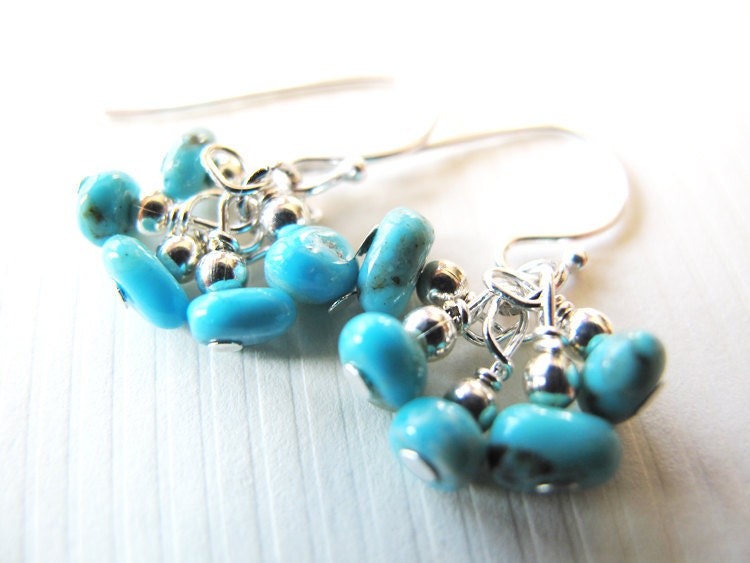 Natural turquoise jewelry - cluster dangle earrings - december birthstone - wire wrapped