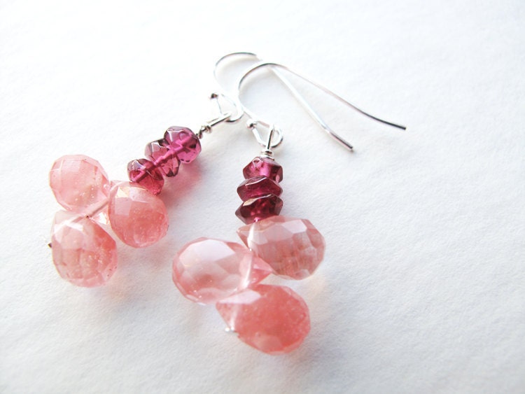 Cherry gemstone teardrop earrings. Strawberry quartz & garnet. Butterfly wings briolettes. Summer pink lemonade. Free shipping