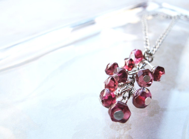 Spring fashion cluster necklace - red cherry blossom - natural gemstone - wire wrapped - january brithstone