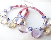 Free shipping. Large hoops earrings - pink tourmaline - ametrine - swarovski crystal - natural gemstone