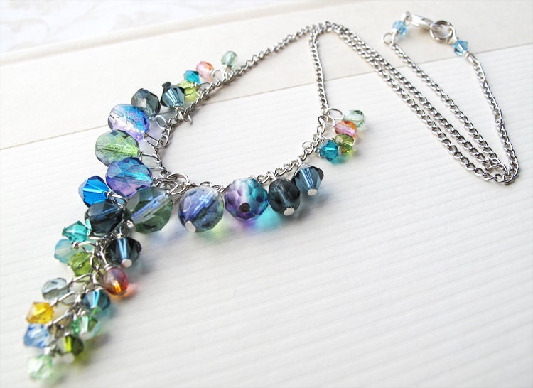 Ocean blue cluster necklace. Swarovski crystals. Bohemian glass. Aquamarine. Nautical look.