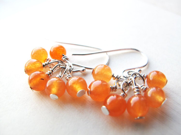 Orange cluster earrings. Apricot. Natural jade gemstone. Teen girl gift. Fashion jewelry. Wire wrapped.