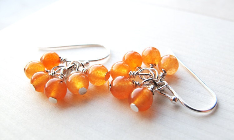 Orange cluster earrings. Apricot. Natural jade gemstone. Teen girl gift. Fashion jewelry. Wire wrapped.