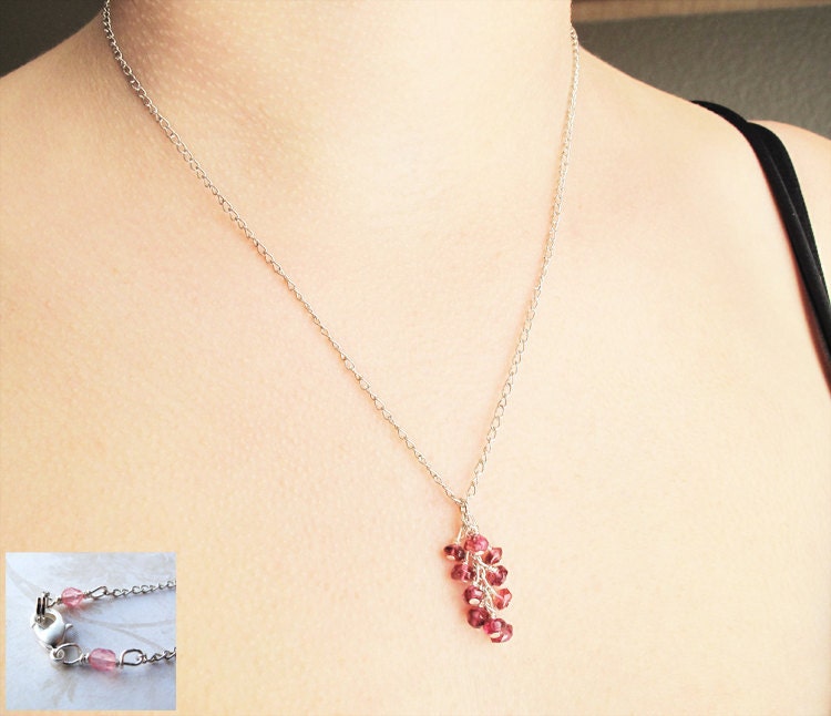 Spring fashion cluster necklace - red cherry blossom - natural gemstone - wire wrapped - january brithstone