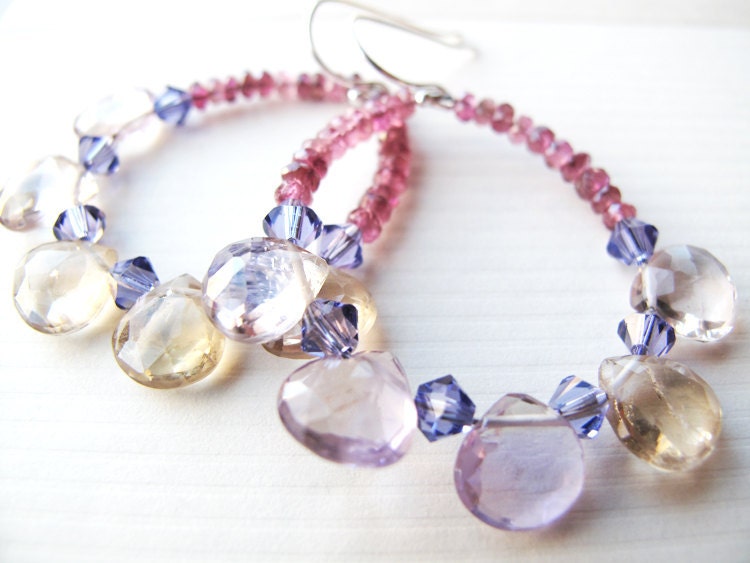 Free shipping. Large hoops earrings - pink tourmaline - ametrine - swarovski crystal - natural gemstone