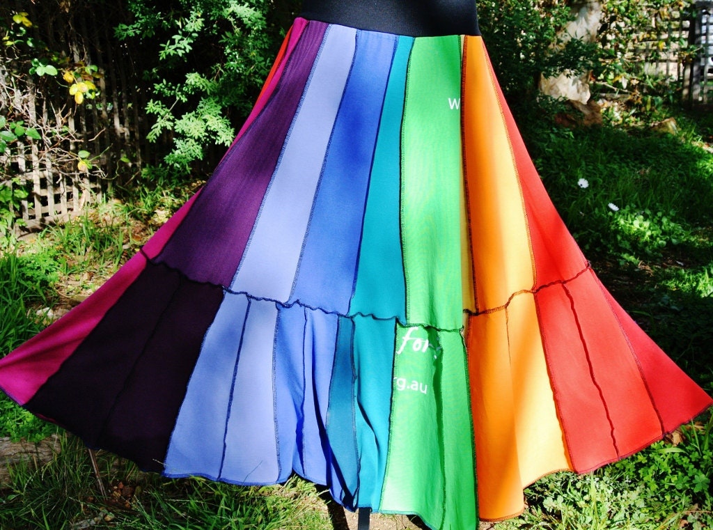Fabulous long rainbow boho hippie gypsy patchwork skirt called, 'Over The Rainbow'..