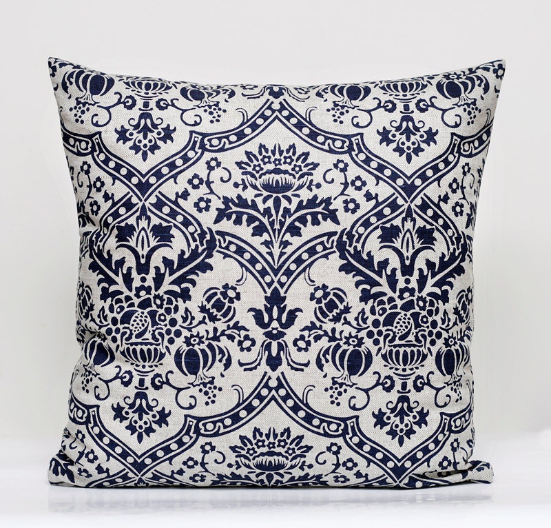 Pillow cover - 14x14 Dark Blue Damask print on linen - cotton beige background